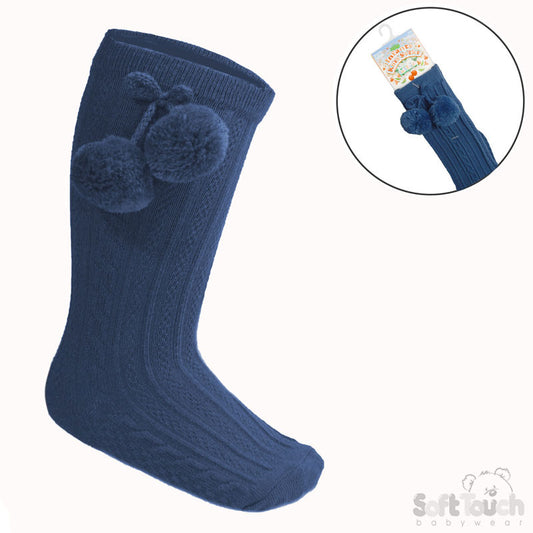 STEEL BLUE 'ELEGANCE' POM POM KNEE LENGTH SOCKS (0-24 MONTHS) S355-SB