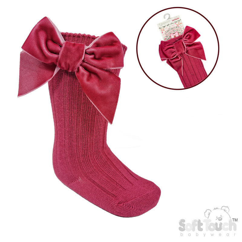 DUSTY PINK RIBBED KNEE LENGTH SOCKS W/LARGE VELVET BOW (0-24 Months) S360-DP