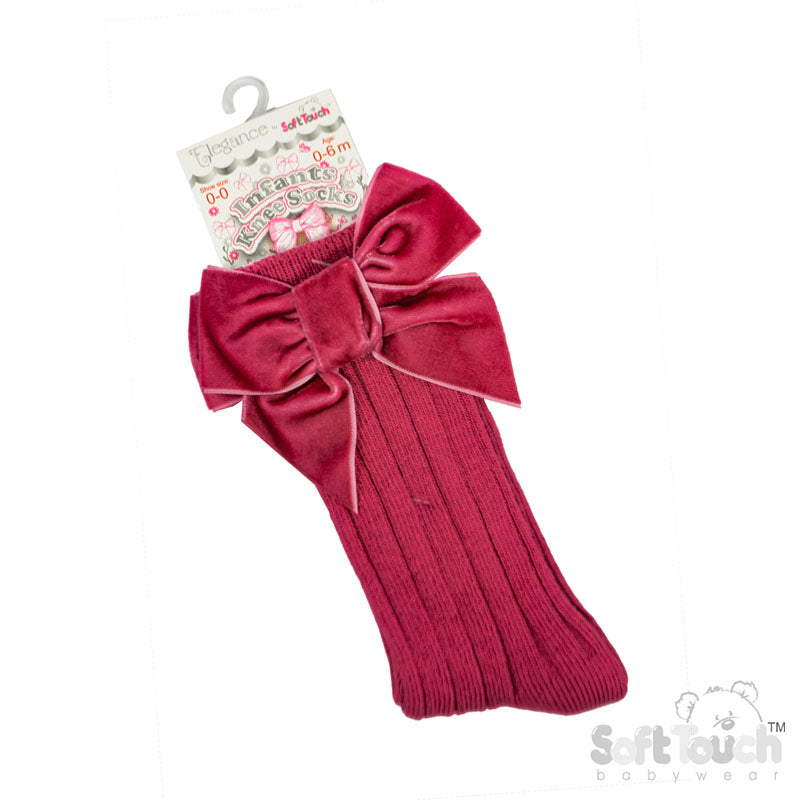 DUSTY PINK RIBBED KNEE LENGTH SOCKS W/LARGE VELVET BOW (0-24 Months) S360-DP