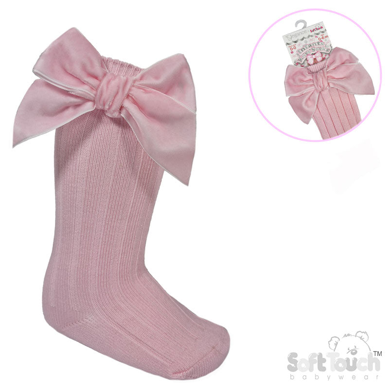 PINK RIBBED KNEE LENGTH SOCKS W/LARGE VELVET BOW (0-24 Months) S360-P