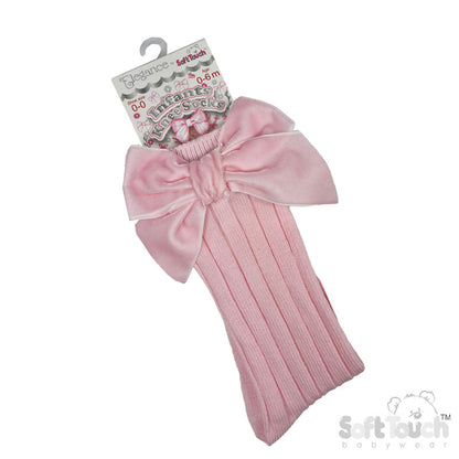 PINK RIBBED KNEE LENGTH SOCKS W/LARGE VELVET BOW (0-24 Months) S360-P