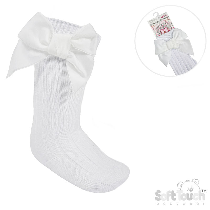 WHITE RIBBED KNEE LENGTH SOCKS W/LARGE VELVET BOW (0-24 Months) S360-W