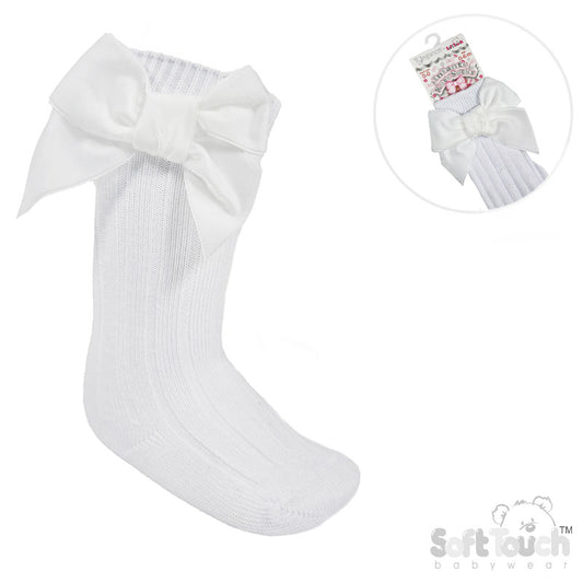 WHITE RIBBED KNEE LENGTH SOCKS W/LARGE VELVET BOW (0-24 Months) S360-W