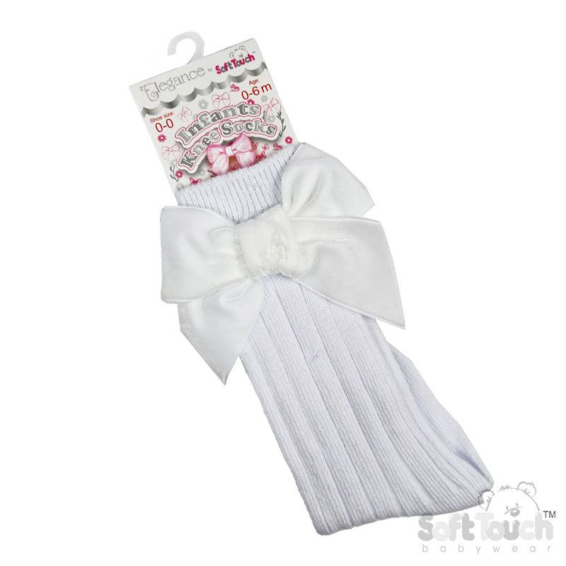 WHITE RIBBED KNEE LENGTH SOCKS W/LARGE VELVET BOW (0-24 Months) S360-W