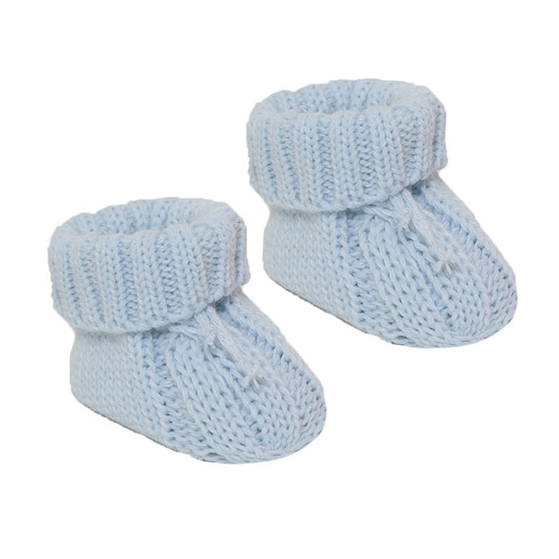 BLUE ACRYLIC CABLE KNIT BABY BOOTEES WITH TURNOVER & BOW - S415B