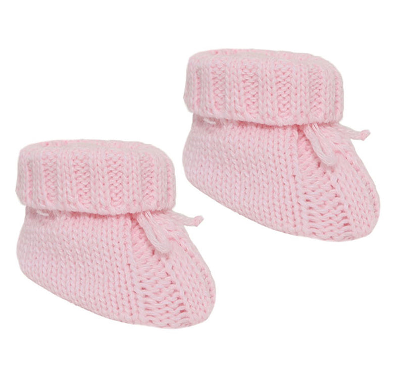 PINK ACRYLIC CABLE KNIT BABY BOOTEES WITH TURNOVER & BOW - S415P