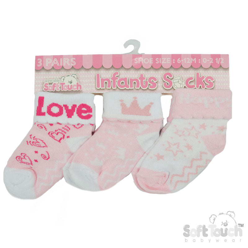 Girls 3pk Turnover Socks -Love (NB-12) S500