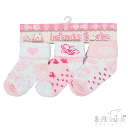 Girls 3pk Turnover Socks -Butterfly(NB-12) S501