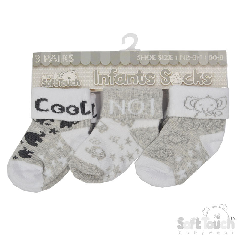 Grey 3pk Turnover Socks - Cool Elephant (NB-12) S504