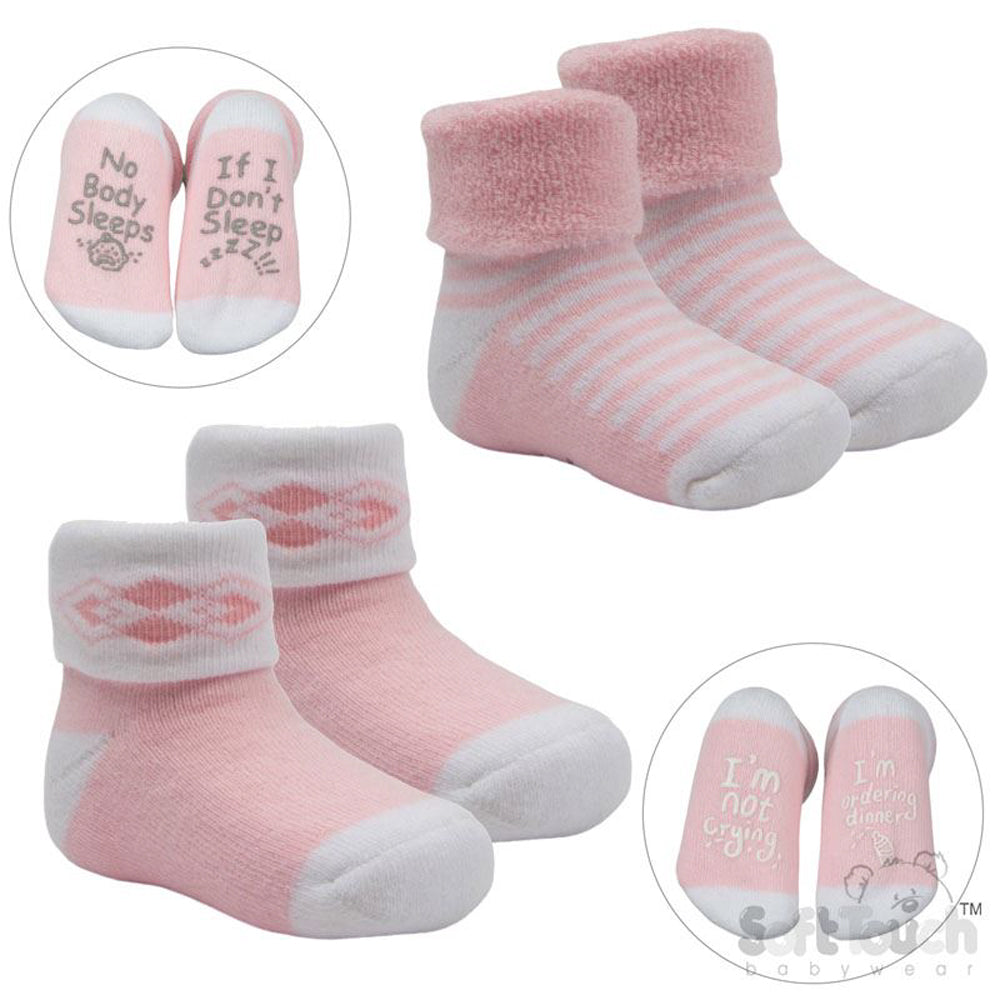 Pink 2 Pack Anti-Slip Terry Socks (0-12m) (PK12) S520-P