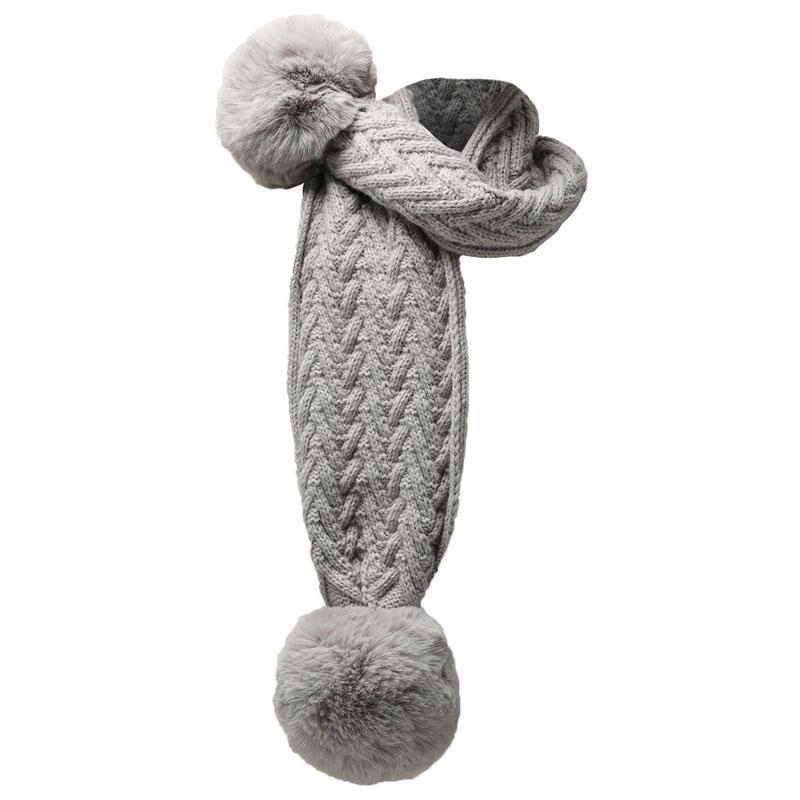 Grey 'Cheveron' Scarf w/Faux Fur Pom-Poms (NB-12 Months) SC04-G-SM - Kidswholesale.co.uk