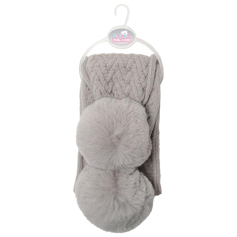 Grey 'Cheveron' Scarf w/Faux Fur Pom-Poms (NB-12 Months) SC04-G-SM - Kidswholesale.co.uk