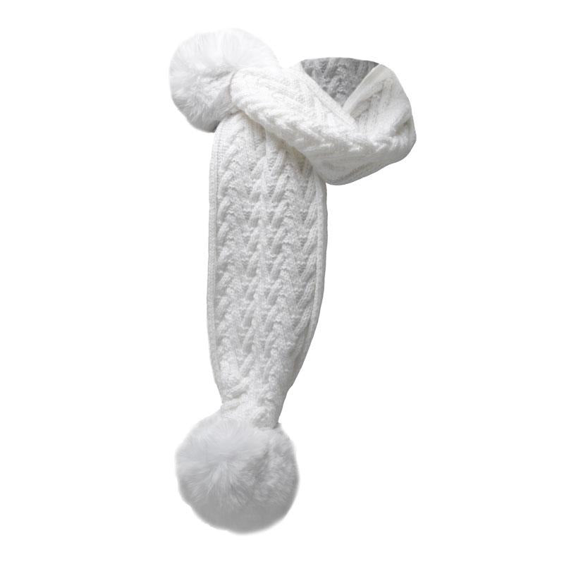White 'Cheveron' Scarf w/Faux Fur Pom-Poms (NB-12 Months) SC04-W-SM - Kidswholesale.co.uk