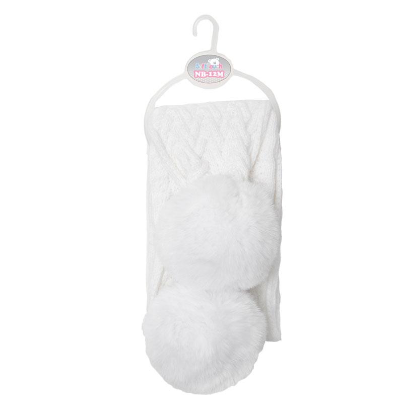 White 'Cheveron' Scarf w/Faux Fur Pom-Poms (NB-12 Months) SC04-W-SM - Kidswholesale.co.uk