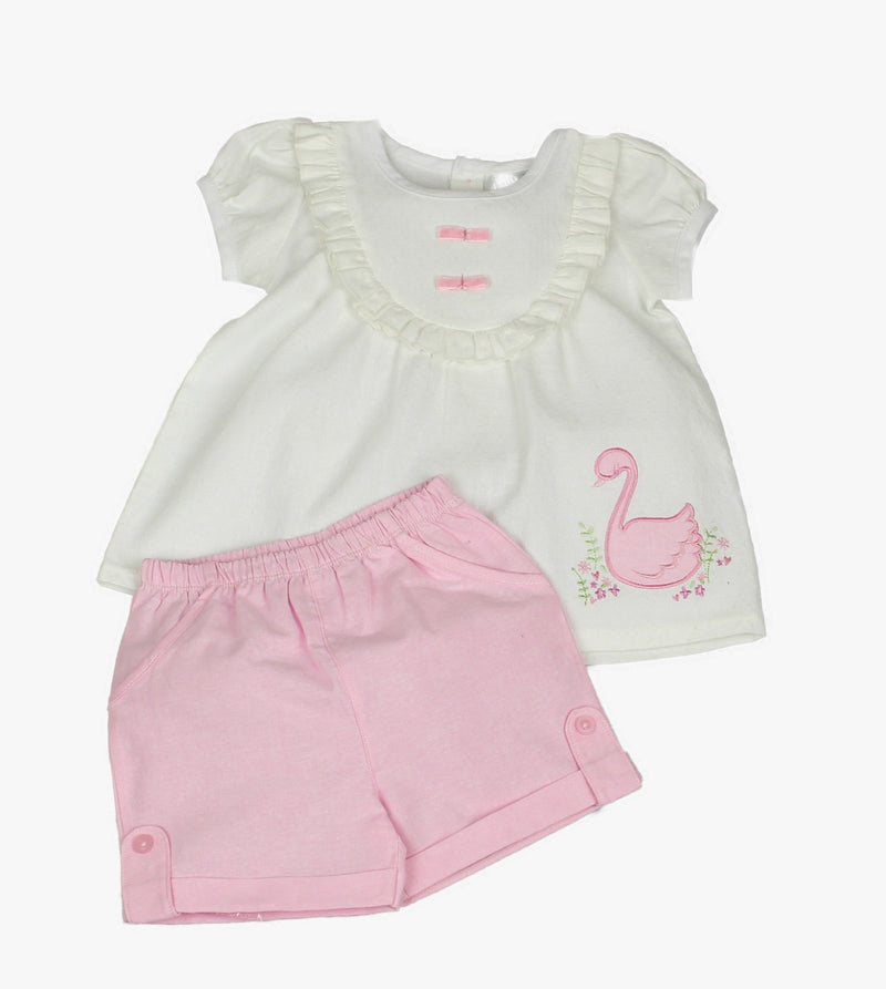 BABY GIRLS SWAN TOP & SHORT SET (0-9 MONTHS) J1536 - Kidswholesale.co.uk