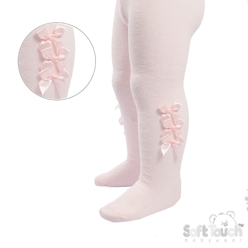 BABY PINK DIAMOND JAQUARD TIGHTS W/3 SMALL BOW (NB-24 MONTHS) T124-BP