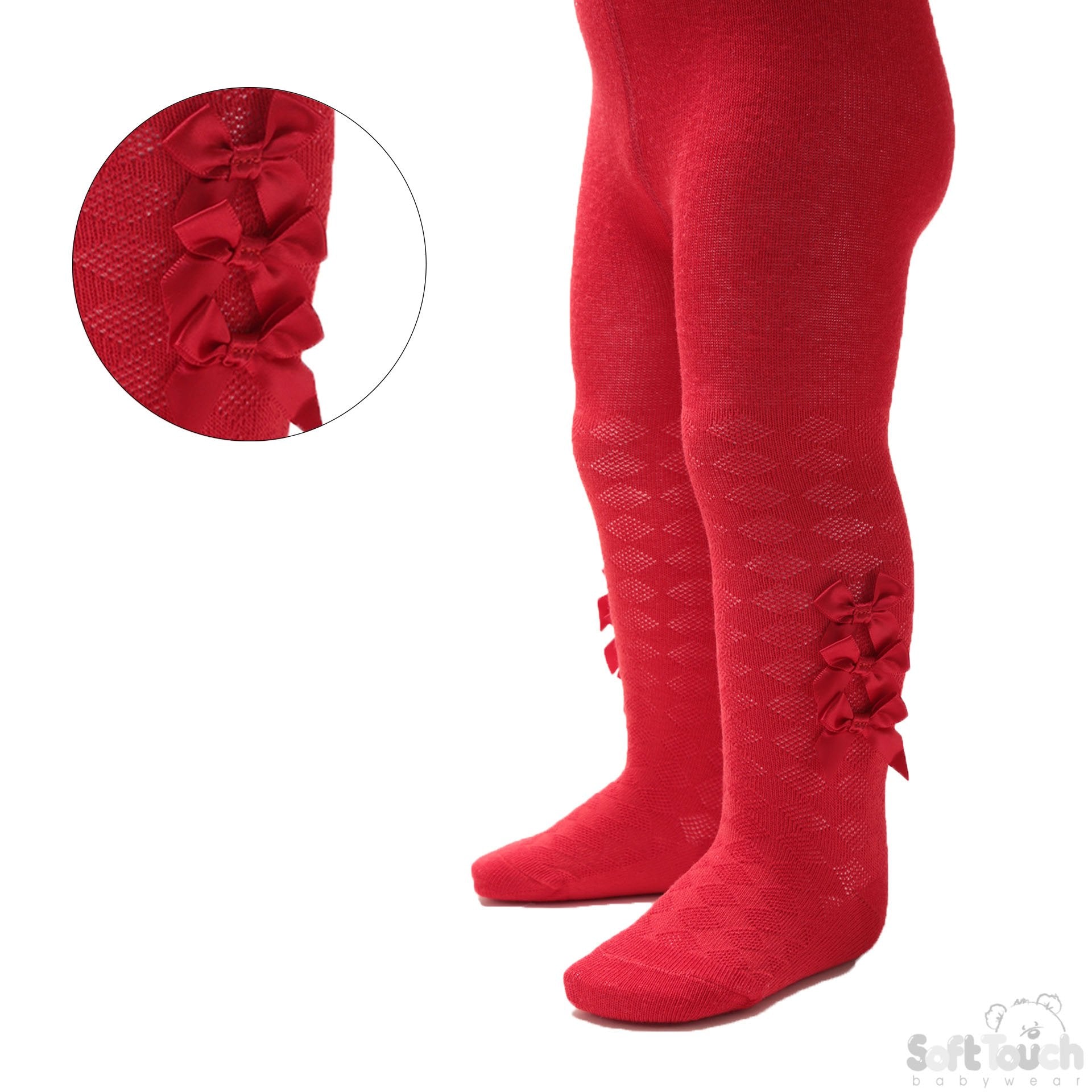 RED DIAMOND JAQUARD TIGHTS W/THREE SMALL BOW (NB-24 MONTHS) T124-R - Kidswholesale.co.uk