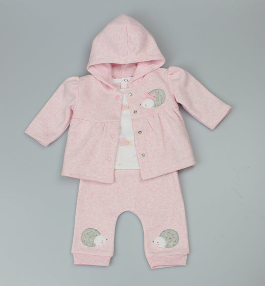 Baby Girls 3pc Pink Marl Fleece Hooded  Jacket All Over Print Top & Trouser Forest Friends-WF1716