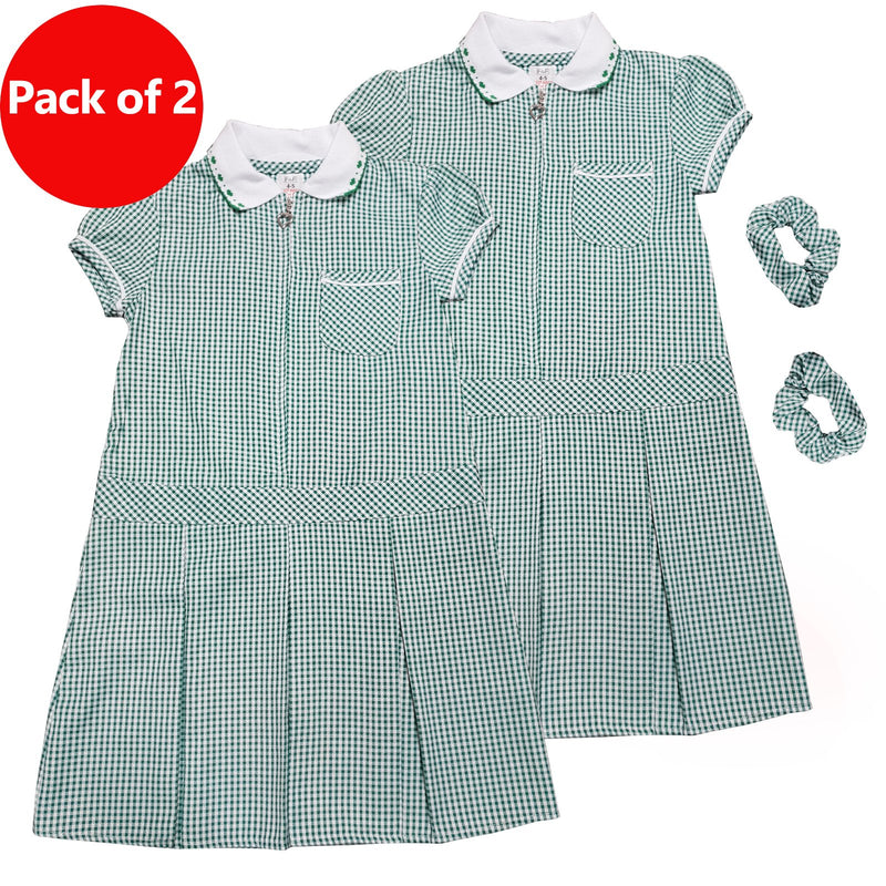 Girls Checked Green School Uniform Pleated Gingham Summer Dress+Hair Bobble 6-11 Years - Kidswholesale.co.uk