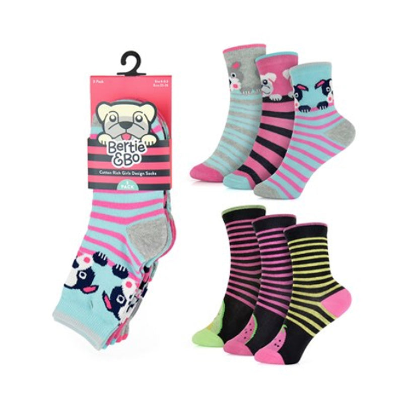 Girls 3 Pack Dog/ Fruit Design Socks (PK12) (6-8.5 9-12 12.5 - 3.5) SK795