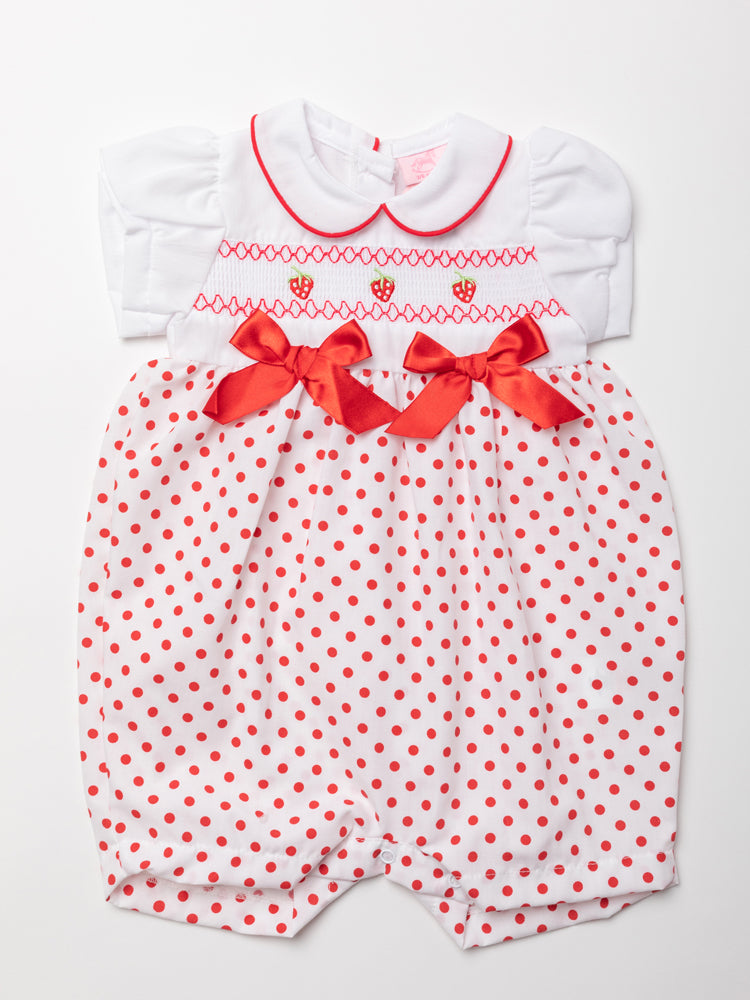 Girls Smocked Romper - Strawberry Polka (0-9 Months) (PK6) W22075A