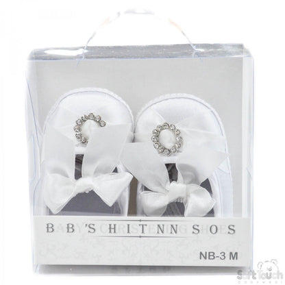 Girls Satin Shoes W/Round Diamonte Hoop & Ribbon Ties: B93-W - Kidswholesale.co.uk