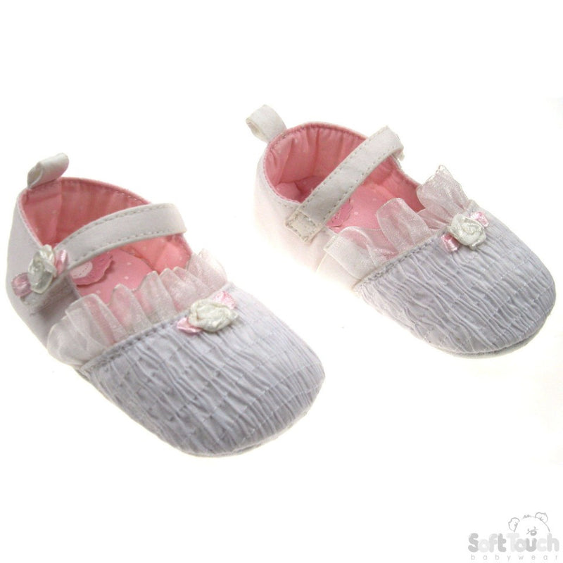 GIRLS RUFFLED COTTON SHOES W/FRILL & FLOWER MOTIF: B941