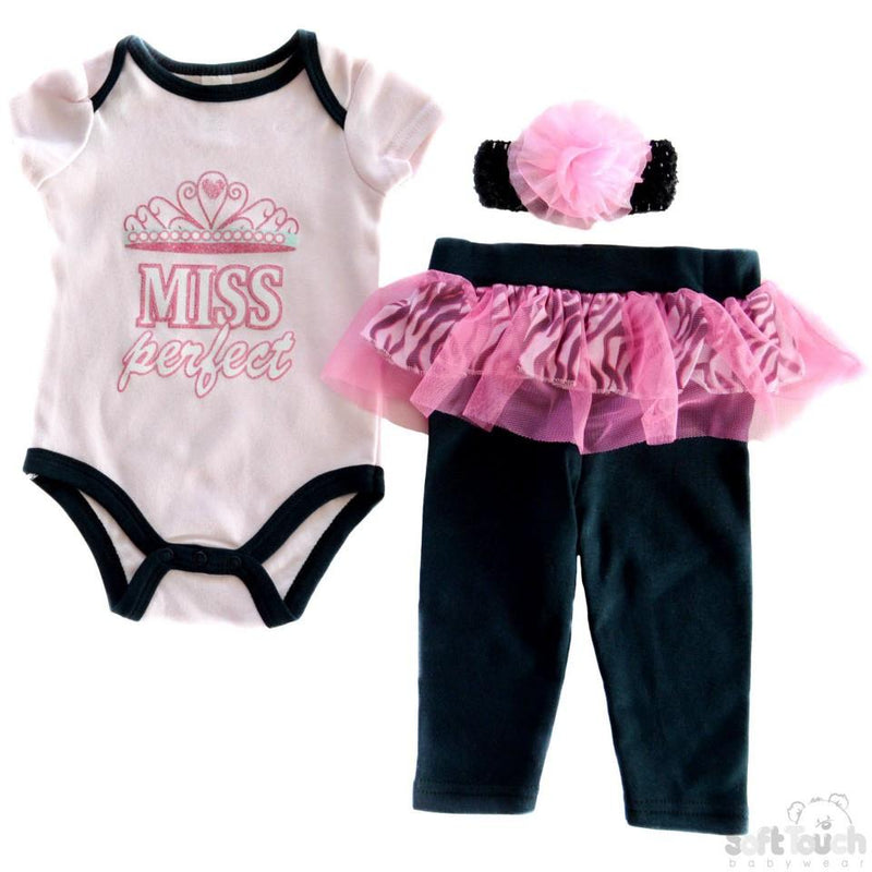 GIRLS "MISS PERFECT" 3 PIECE SET - HEADBAND, BODYSUIT & PANTS: BG74 - Kidswholesale.co.uk