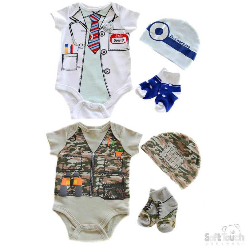 BOYS 3 PIECE SET - HAT, BODYSUIT & SOCKS: BG80 - Kidswholesale.co.uk