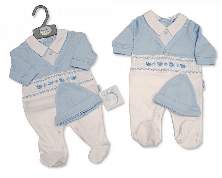 Smocked Baby Boys Faux 2 Pieces Set with Hat - Little Birds (NB-6 Months)-Bis 2020-2348 - Kidswholesale.co.uk