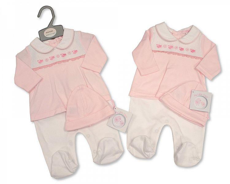 Smocked Baby Girls Faux 2 Pieces Set with Hat - Little Birds (Nb-6 Months)-Bis 2020-2353 - Kidswholesale.co.uk
