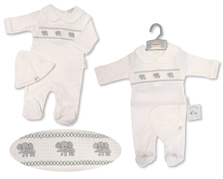 Baby All in One with Smocking and Hat - Elephant (NB-6 Months) (PK6) Bis-2120-6080