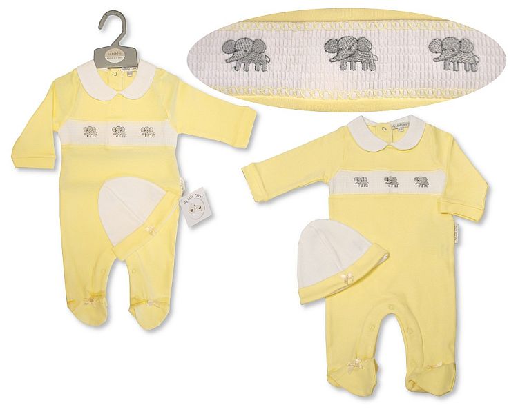 Baby All in One with Smocking and Hat - Elephant (NB-6 Months) (PK6) Bis-2120-6083