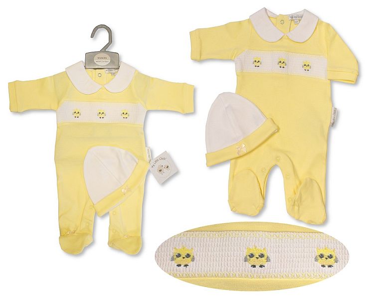 Baby All in One with Smocking and Hat - Owl (NB-6 Months) (PK6) Bis-2120-6085