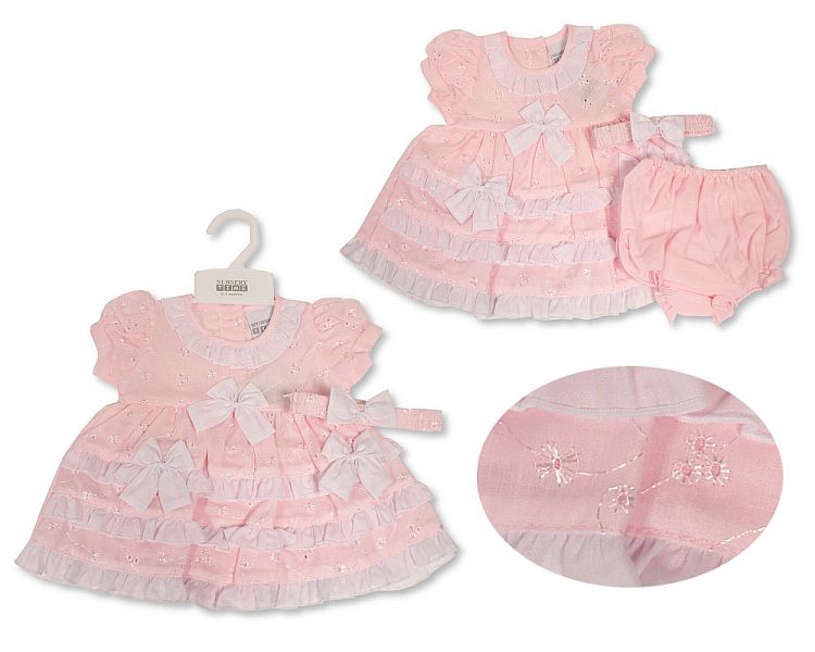 Tiered Baby Dress with Bows, Lace and Embroidery (0-6 Months) (PK6) BIS-2120-6092