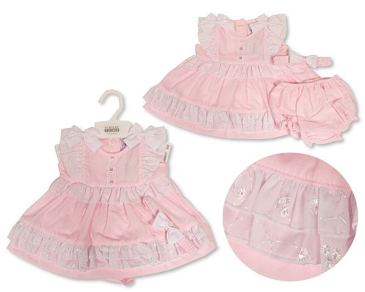 Baby Dress with Bows, Lace and Embroidery (NB-6m) (PK6) Bis-2120-6094