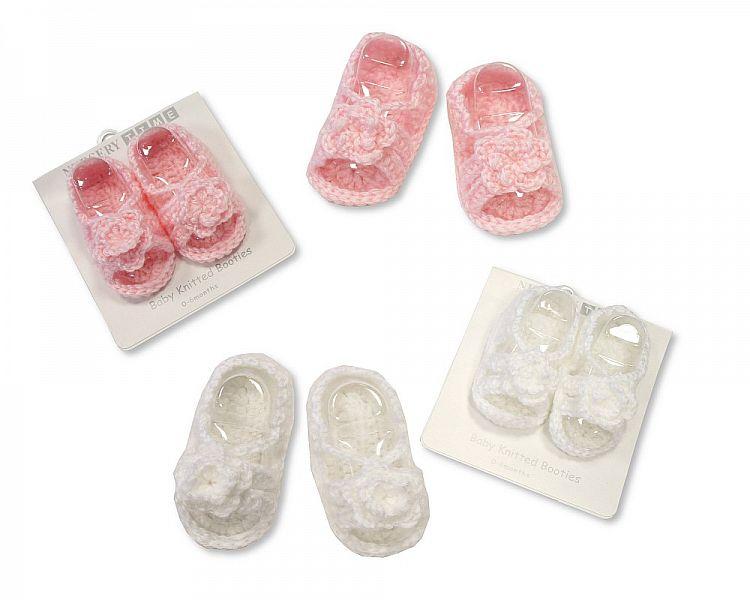 Knitted Baby Booties - Pink and White-343 - Kidswholesale.co.uk