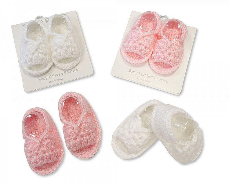 Knitted Baby Booties - Pink and White-345 - Kidswholesale.co.uk
