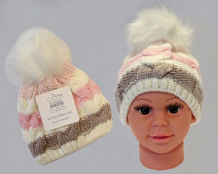 Baby Girls Knitted Pom-Pom Hat with Lining (0-12 Months) Bw 0503-0333p