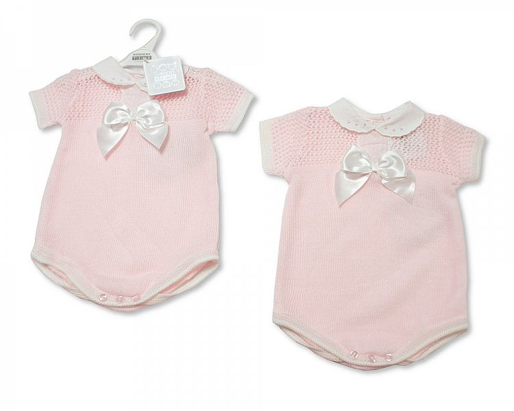 Baby Girls Knitted Romper with Bow and Lace Collar (NB-9 Months) Bw-10-013
