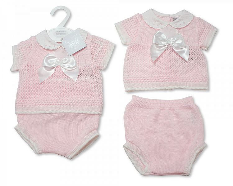 Baby Girls Knitted 2 Pieces Set with Bow and Lace Collar (NB-9 Months) Bw-10-014