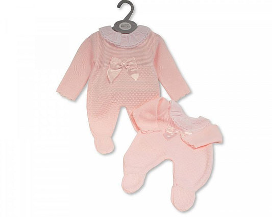 Baby Girls Knitted Long Romper with Bow and Lace (NB-9 Months) (PK6) Bw-10-1170