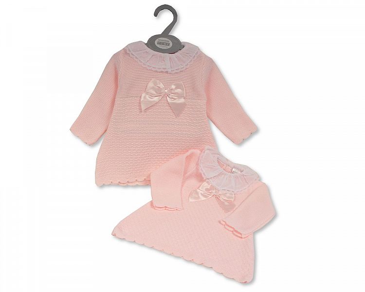 Baby Girls Knitted Dress with Bow and Lace (NB-9 Months) (PK6) Bw-10-1171