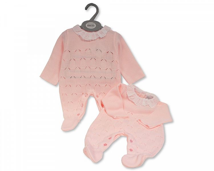 Baby Girls Knitted Long Romper with Pointelle Pattern and Lace (NB-9 Months) (PK6) Bw-10-1174