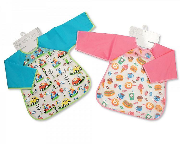 Baby PEVA Bibs with Sleeves - Cars/ Food [BW-104-814] - Kidswholesale.co.uk