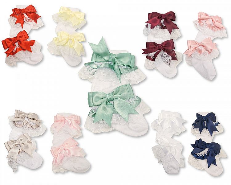 Baby Socks with Lace and Bow - 9 Colours (PK6) (0-18m) BW-61-2220