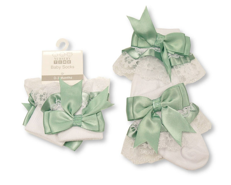 Baby Socks With Lace and Bow - Sage Green (0-18M) (PK6)  BW 61-2220SG