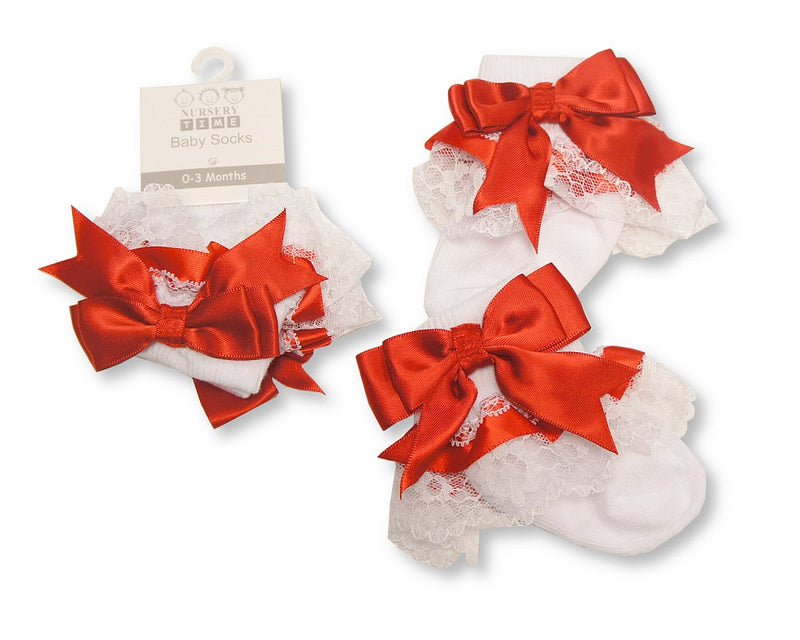 Baby Socks With Lace and Bow - Red (0-18M) (PK6)  BW 61-2220R