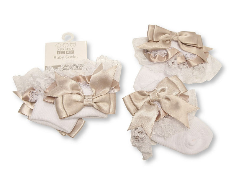 Baby Socks With Lace and Bow - Taupe (0-18M) (PK6)  BW 61-2220TP