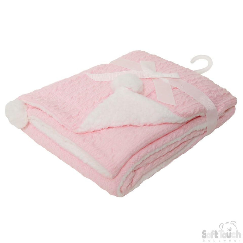 BABY PINK CABLE KNIT WRAP W/POM POM - FBP188-BP - Kidswholesale.co.uk